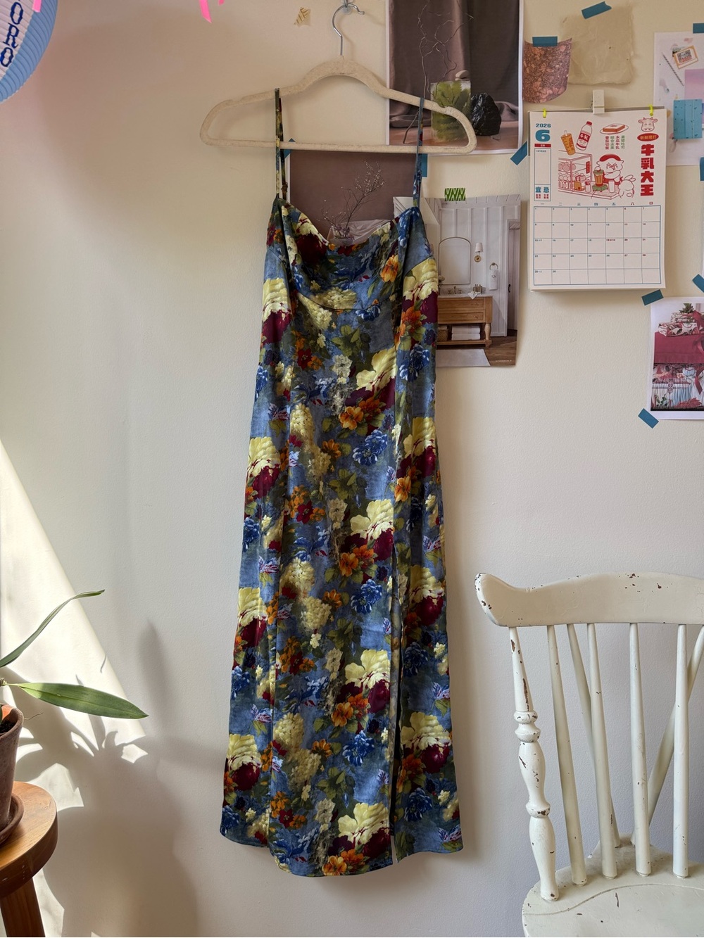UO Sasha Floral Satin Slip Dress in Blue and Multicolor Medium